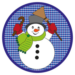 Snowman with scarf on dark blue button on white background