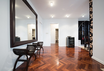 Spacious anteroom interior with large mirror and shiny brown par