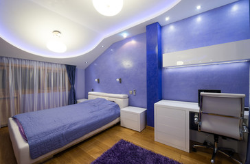 Interior of a modern purple bedroom with luxury ceiling