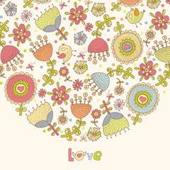 Cute postcard with cartoon flowers and birds. Vector illustration.