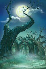 Halloween.  Moonlit Night in the terrible forest. Scary place. Spooky night forest with old trees, fog, bog, full moon. author illustration.