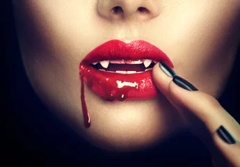 Rolgordijnen Halloween. Sexy vampire woman lips with blood © Subbotina Anna