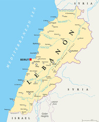 Naklejka premium Polityczna mapa Libanu ze stolicą w Bejrucie, granicami państwowymi, ważnymi miastami, rzekami i jeziorami. Angielskie etykietowanie i skalowanie. Ilustracja.