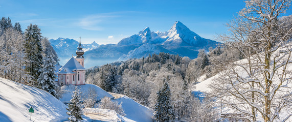 Idyllic winter landscape with chapel in the Alps, Berchtesgadener Land, Bavaria, Germany