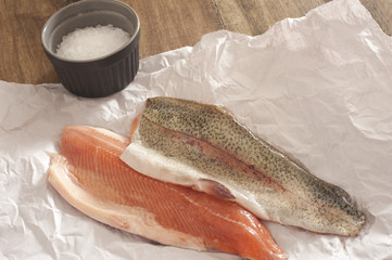 Two fresh raw rainbow trout fillets