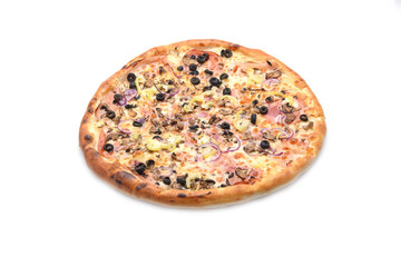 Pizza with ham, onion and olives