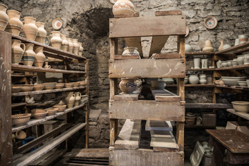 shelves with Ukrainian ceramics