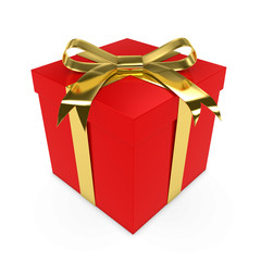 Red Christmas Present tied with a Shiny Gold Bow - 3D render of a Red Gift Box with a Golden Ribbon isolated on white