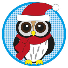 Owl with scarf and hat on light blue  button on white background