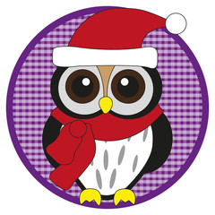 Owl with scarf and hat on purplebutton on white background