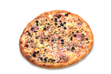 Pizza with ham, onion and olives