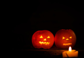 Halloween pumpkin head jack lantern on wooden background