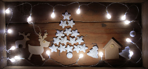 Christmas ornaments, garland, design, background, wooden, vintage