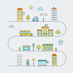 City Roads with Streets, Transport, School, Houses and Shops. Vector Outline Coloured Illustration 