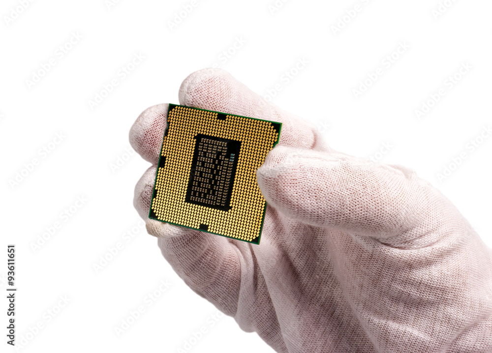 Poster electronic collection - hand and cpu isolated on white backgroun