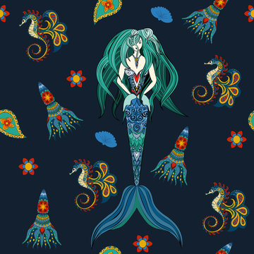 Hand drawn Ornamental Mermaid, sea-horse and calmar.  