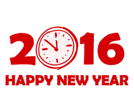 happy new year 2016 with clock sign in red drawn banner