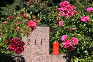 r.i.p. mit kerze und rosen