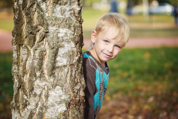 Portrait Cute little boy in a knitted sweater is playing behind a tree in autumn park, play at hide-and-seek