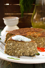 Vegetarian lentil-mushroom pie and yogurt dip with dill