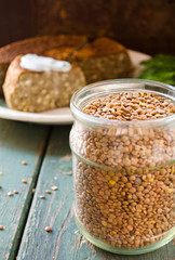 Vegetarian lentil-mushroom pie and yogurt dip with dill