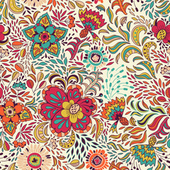 Fototapeta na wymiar Vector seamless pattern in colored abstract flowers and berries