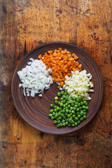 Basic Chopped Vegetables : Carrot,Celery,Onion ,Green Peas. On w