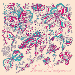 Stock vector card with abstract flowers and butterflies