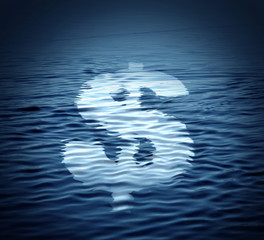 Dollar symbol drifts on the water. Economic crisis concept.