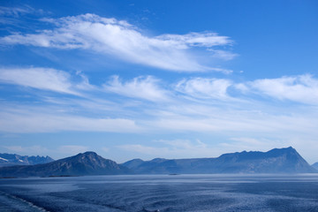 Misty mountain coast near Bodo viewed from ferry to Lofoten, Nor