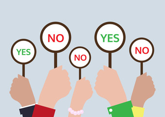 flat design with hand raised with yes sign and no sign, business