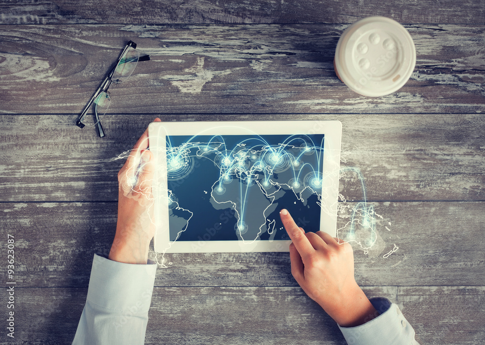 Poster close up of hands with tablet pc and network