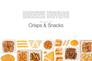 crisps and snacks on white background