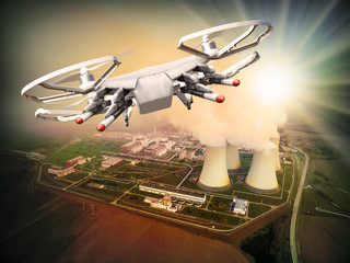 Drone controled from terrorist attacking to nuclear power plant. Digital artwork fictional vehicles on UAV theme.