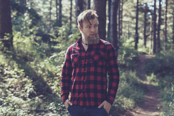 Naklejka na ściany i meble Man with beard in pine tree forest.