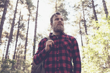 Naklejka na ściany i meble Low angle view of hiker with beard in forest.