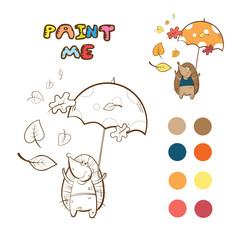 Coloring book with autumn cartoon  hedgehog. Vector image.