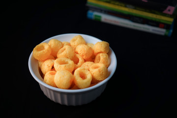 Snacks on white bowl