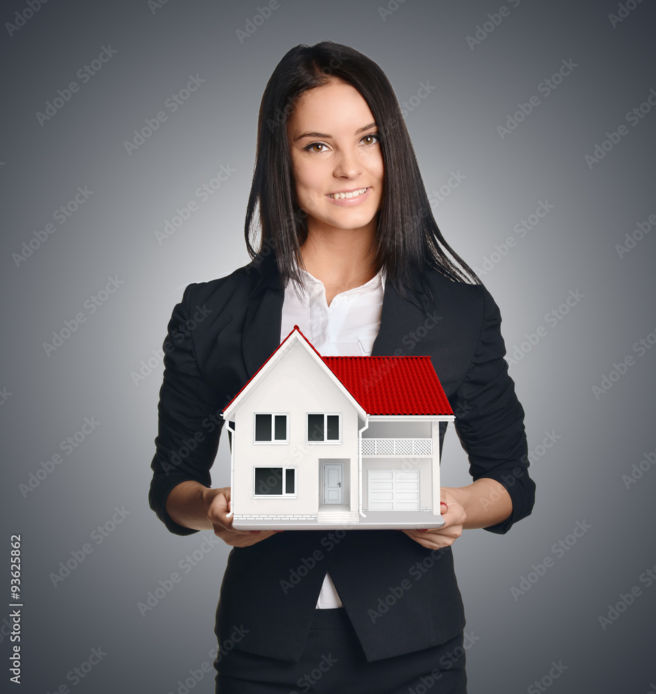 Poster Business woman showing the house. Selling real estate