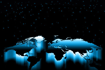 World map on a technological background, glowing lines symbols