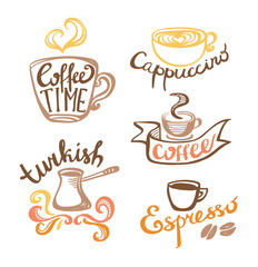 Coffee hand drawn Labels. Logo template collection. Vector icons.