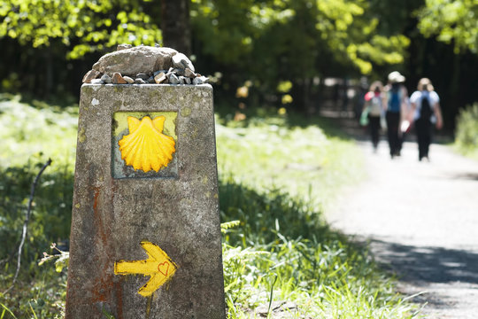 camino de Santiago shell  and arrow  marks for pilgrims to Compostela Cathedral ,Galicia, Spain