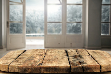 wooden desk space and window 