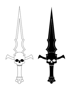 Ritual dagger. Sharp blade with skull. Contour