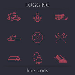 Logging, Forestry, Timber, Tree Harvester, Sawmill, line icons, vector illustration