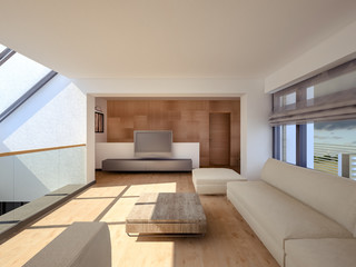 3D visualization of a living room on the second floor with a sloping window
