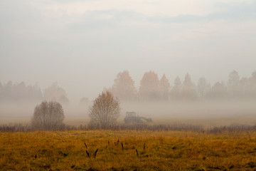 Tractor in fog