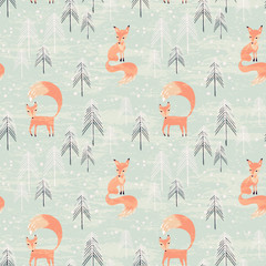 Seamless pattern with fox in winter forest