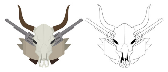 Wild west cow skull, pistols, ribbon logo. Color. Contour
