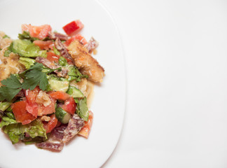 salad with breading cheese, vegetableas and sausages